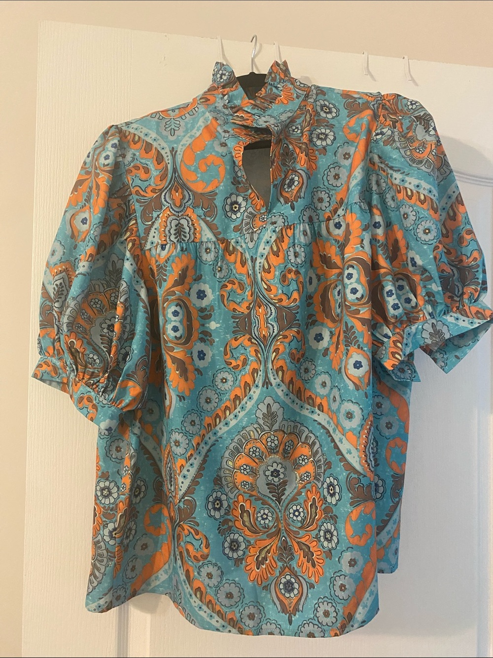 SHEIN Teal and Orange Paisley Puff Sleeve Blouse